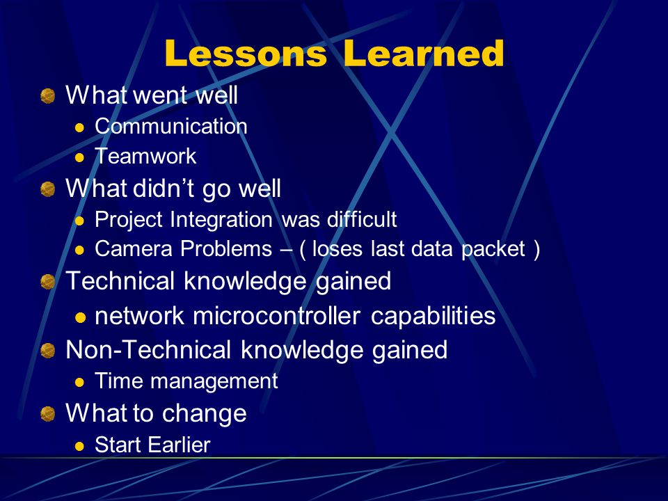 Lessons Learned What went well Communication Teamwork What didn’t go well Project Integration was difficult Camera Problems – ( loses last data packet ) Technical knowledge gained network microcontroller capabilities Non-Technical knowledge gained Time management What to change Start Earlier