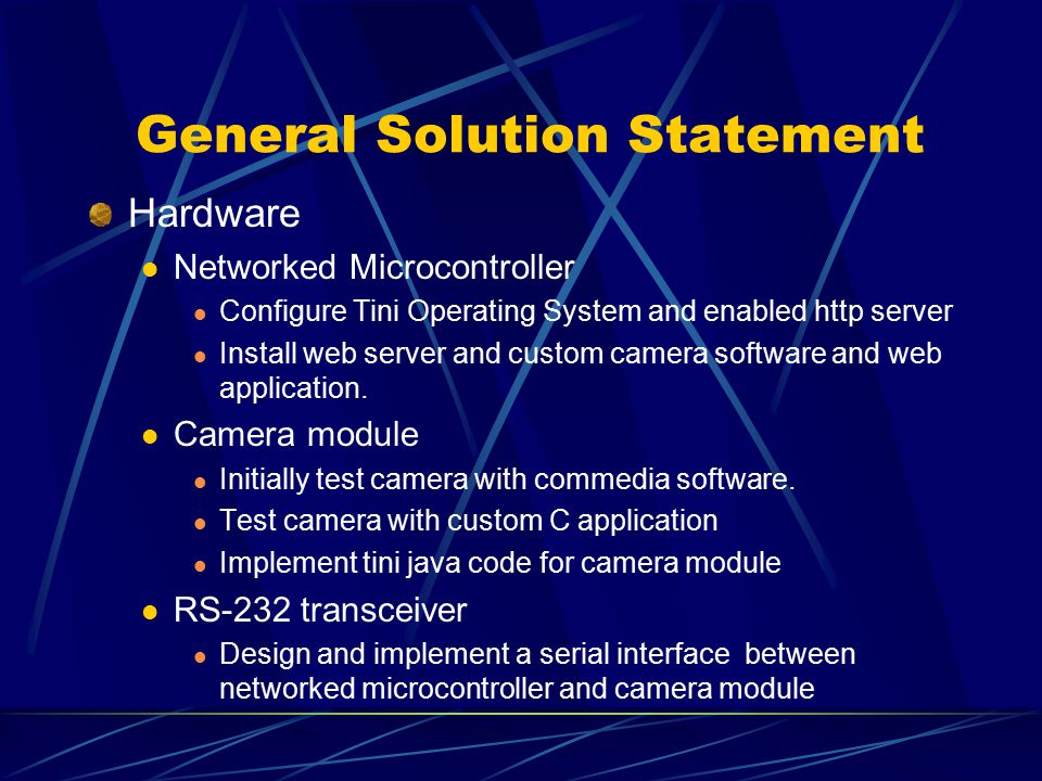 General Solution Statement Hardware Networked Microcontroller Configure Tini Operating System and enabled http server Install web server and custom camera software and web application.