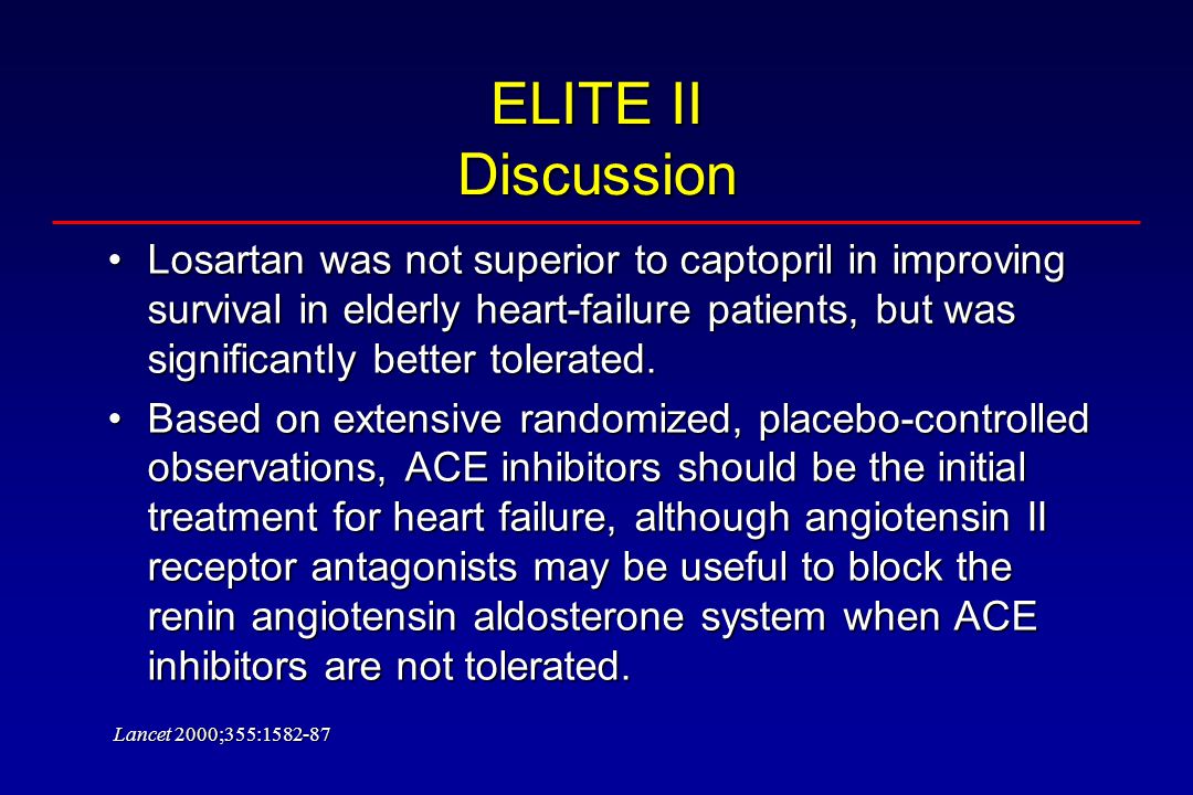 ELITE II Discussion Losartan was not superior to captopril in improving survival in elderly heart-failure patients, but was significantly better tolerated.Losartan was not superior to captopril in improving survival in elderly heart-failure patients, but was significantly better tolerated.