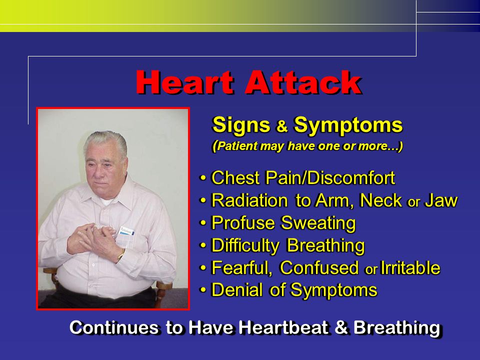 Signs & Symptoms ( Patient may have one or more…) Signs & Symptoms ( Patient may have one or more…) Chest Pain/Discomfort Chest Pain/Discomfort Radiation to Arm, Neck or Jaw Radiation to Arm, Neck or Jaw Profuse Sweating Profuse Sweating Difficulty Breathing Difficulty Breathing Fearful, Confused or Irritable Fearful, Confused or Irritable Denial of Symptoms Denial of Symptoms Chest Pain/Discomfort Chest Pain/Discomfort Radiation to Arm, Neck or Jaw Radiation to Arm, Neck or Jaw Profuse Sweating Profuse Sweating Difficulty Breathing Difficulty Breathing Fearful, Confused or Irritable Fearful, Confused or Irritable Denial of Symptoms Denial of Symptoms Continues to Have Heartbeat & Breathing Continues to Have Heartbeat & Breathing Heart Attack