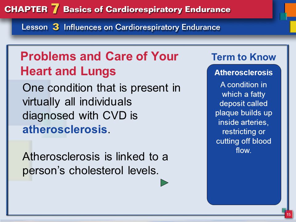 15 Problems and Care of Your Heart and Lungs One condition that is present in virtually all individuals diagnosed with CVD is atherosclerosis.