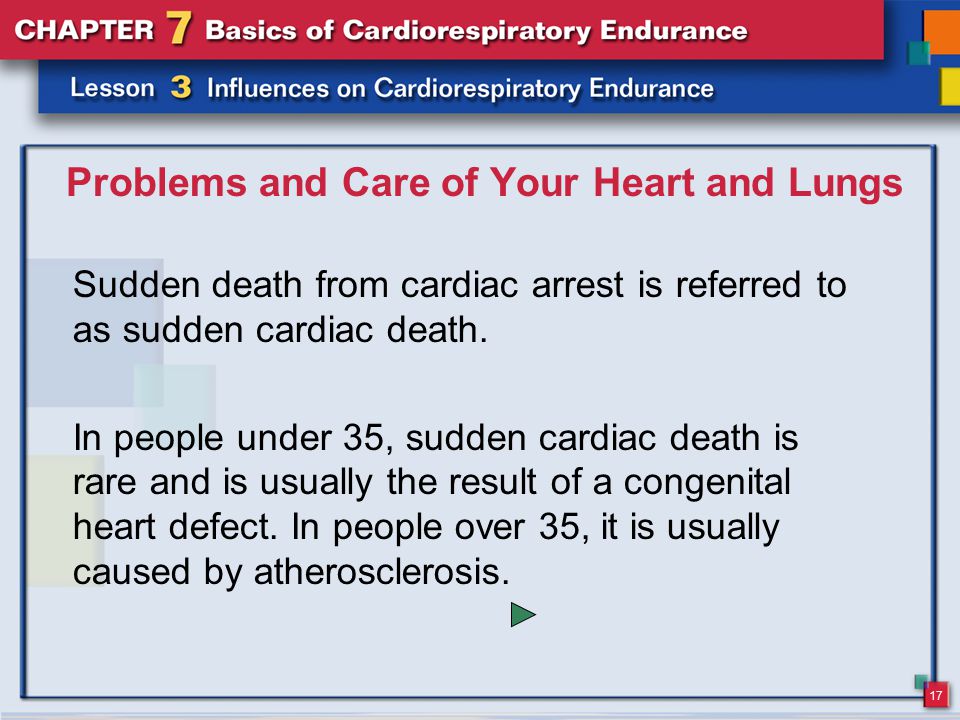 17 Problems and Care of Your Heart and Lungs Sudden death from cardiac arrest is referred to as sudden cardiac death.