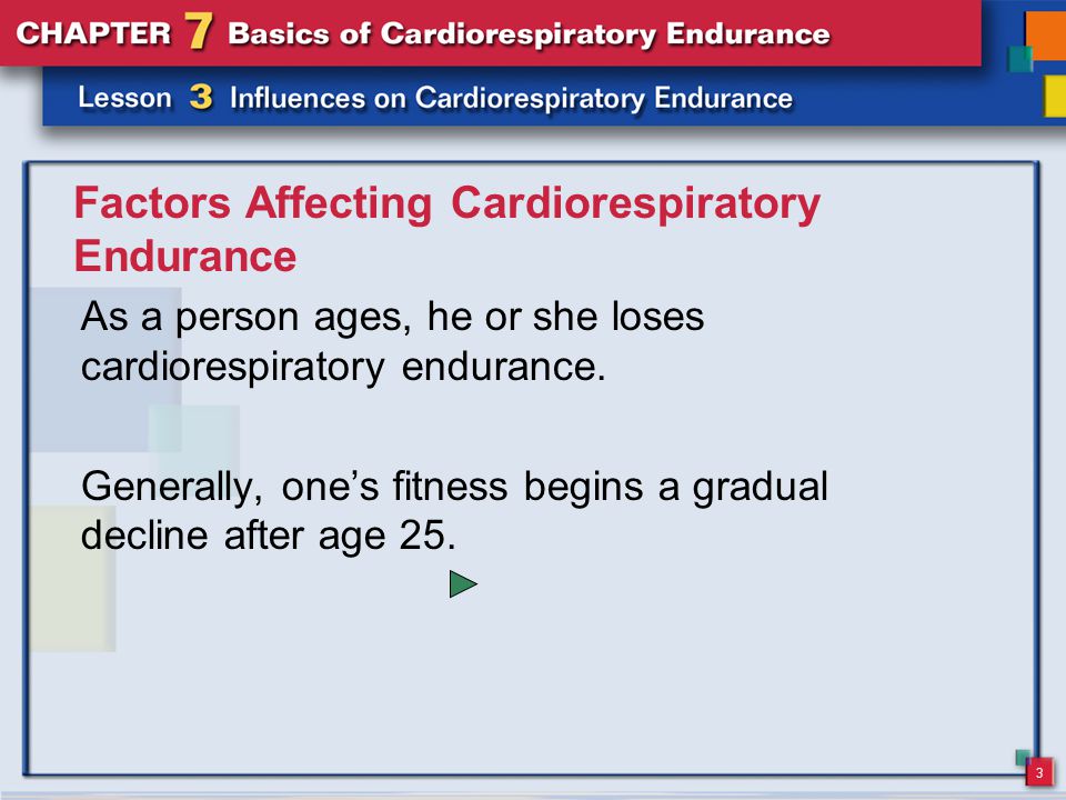 3 Factors Affecting Cardiorespiratory Endurance As a person ages, he or she loses cardiorespiratory endurance.