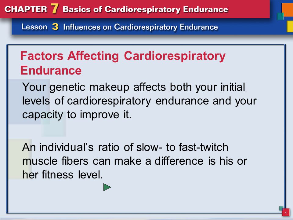 4 Factors Affecting Cardiorespiratory Endurance Your genetic makeup affects both your initial levels of cardiorespiratory endurance and your capacity to improve it.
