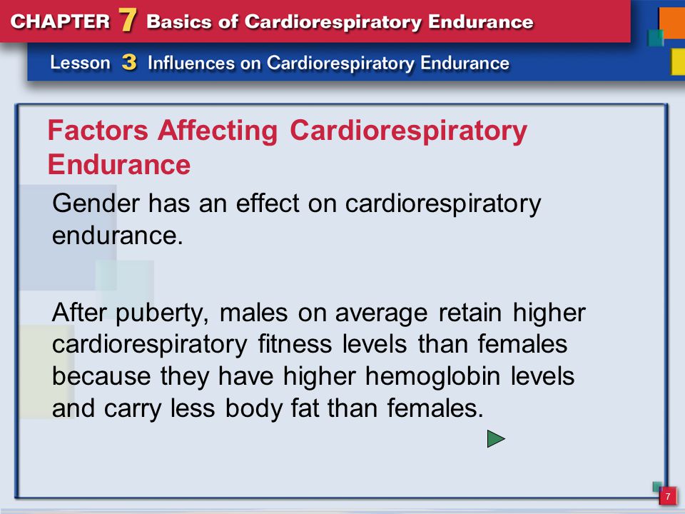 7 Factors Affecting Cardiorespiratory Endurance Gender has an effect on cardiorespiratory endurance.