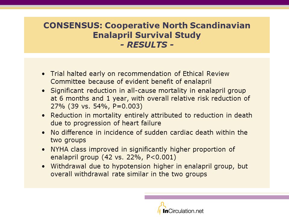 CONSENSUS: Cooperative North Scandinavian Enalapril Survival Study - RESULTS - Trial halted early on recommendation of Ethical Review Committee because of evident benefit of enalapril Significant reduction in all-cause mortality in enalapril group at 6 months and 1 year, with overall relative risk reduction of 27% (39 vs.
