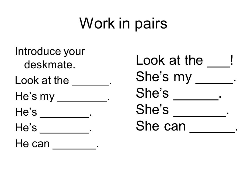 Work in pairs Introduce your deskmate. Look at the ______.