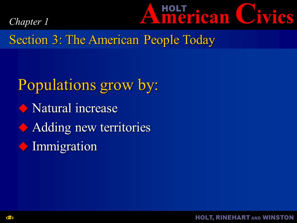 A merican C ivicsHOLT HOLT, RINEHART AND WINSTON12 Chapter 1 Populations grow by:  Natural increase  Adding new territories  Immigration Section 3: The American People Today