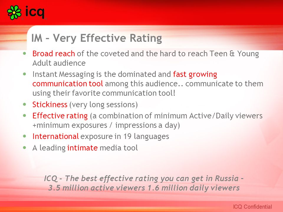 IM – Very Effective Rating Broad reach of the coveted and the hard to reach Teen & Young Adult audience Instant Messaging is the dominated and fast growing communication tool among this audience..
