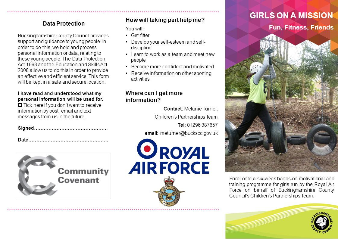 Enrol onto a six-week hands-on motivational and training programme for girls run by the Royal Air Force on behalf of Buckinghamshire County Council’s Children’s Partnerships Team.