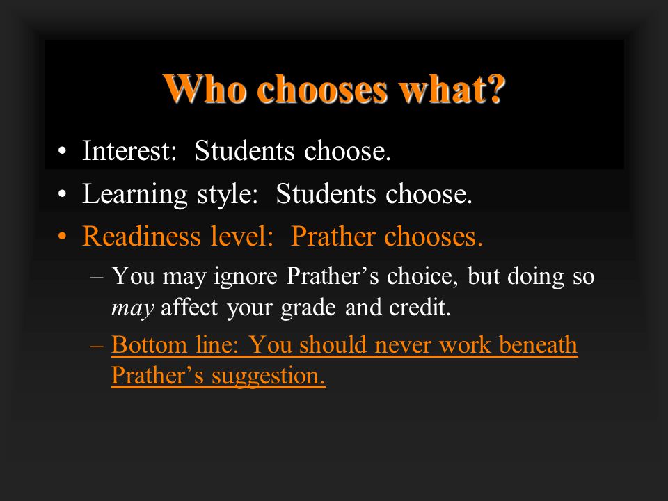 Who chooses what. Interest: Students choose. Learning style: Students choose.