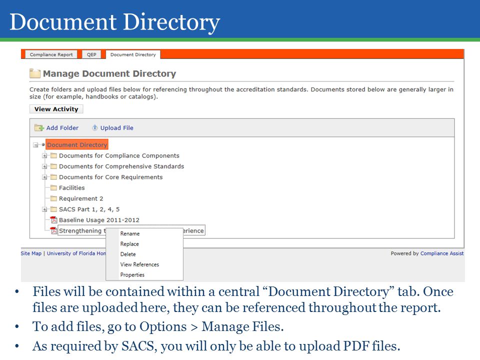 Document Directory Files will be contained within a central Document Directory tab.