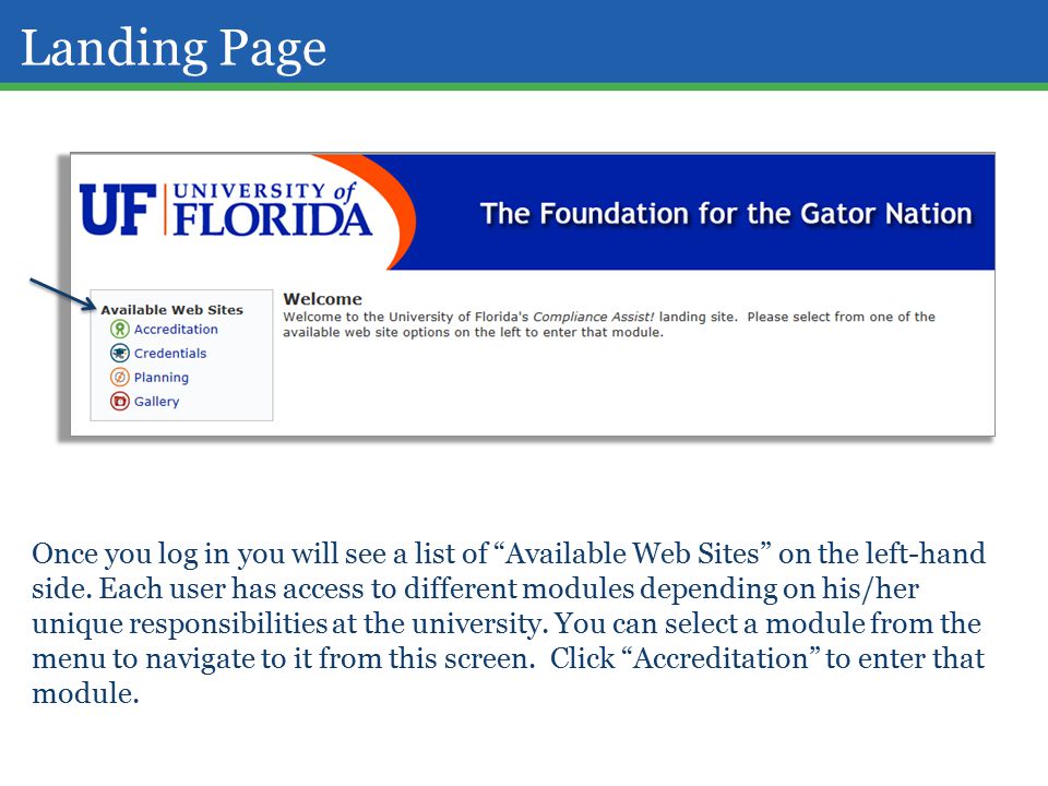 Landing Page Once you log in you will see a list of Available Web Sites on the left-hand side.