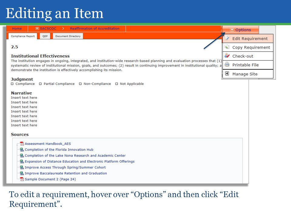 Editing an Item To edit a requirement, hover over Options and then click Edit Requirement .