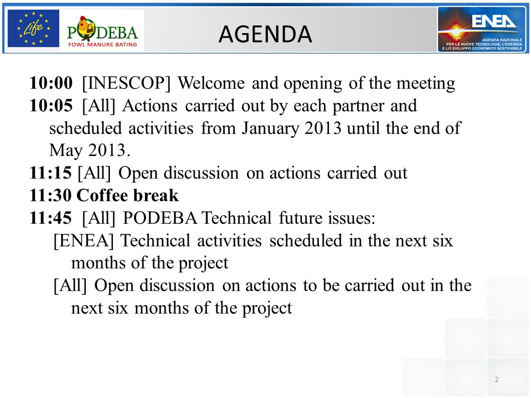 2 AGENDA 10:00 [INESCOP] Welcome and opening of the meeting 10:05 [All] Actions carried out by each partner and scheduled activities from January 2013 until the end of May 2013.