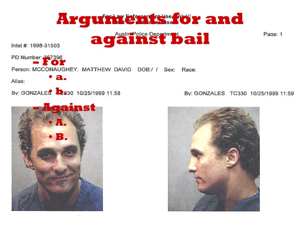 Arguments for and against bail –For a. b. –Against A. B.
