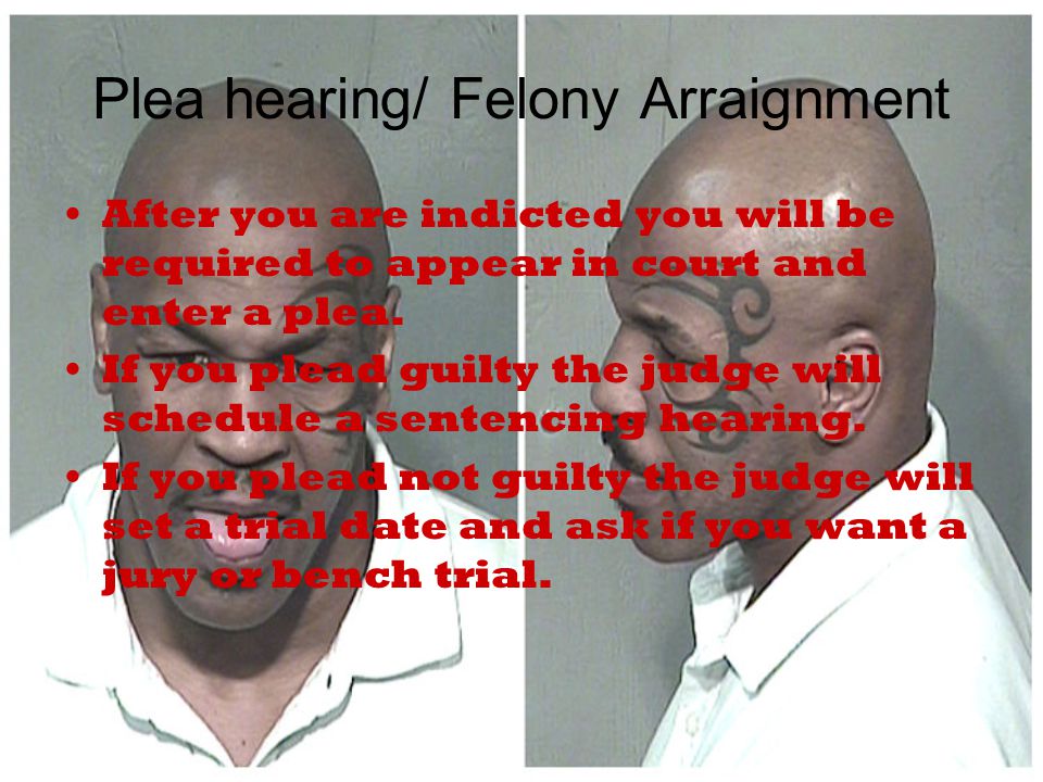 Plea hearing/ Felony Arraignment After you are indicted you will be required to appear in court and enter a plea.