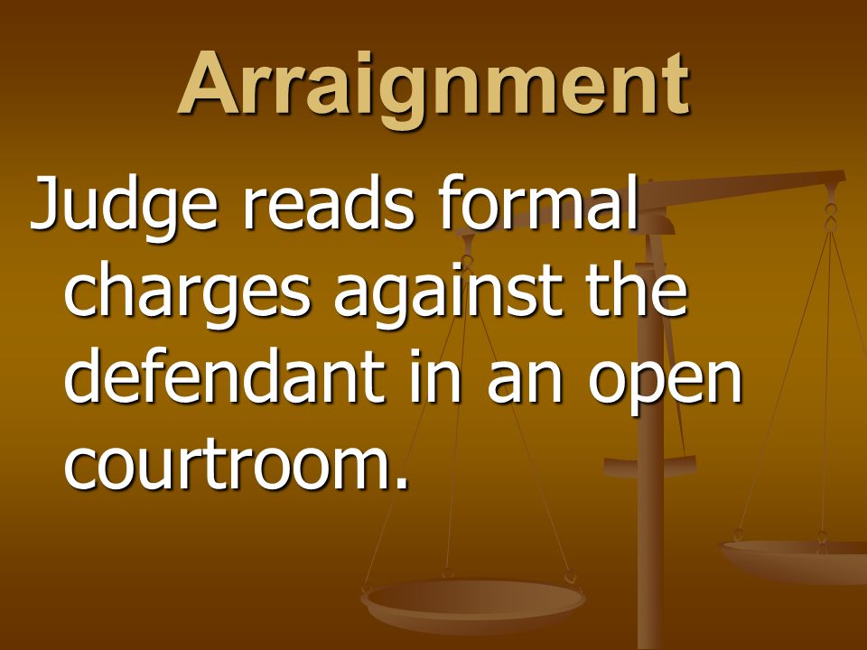 Arraignment Judge reads formal charges against the defendant in an open courtroom.