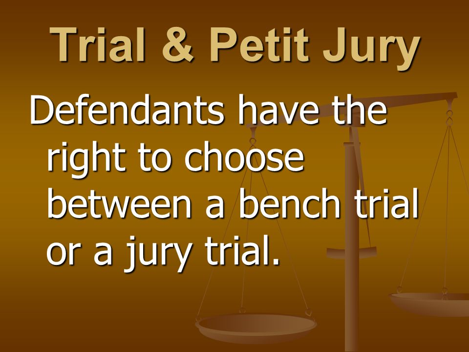 Trial & Petit Jury Defendants have the right to choose between a bench trial or a jury trial.