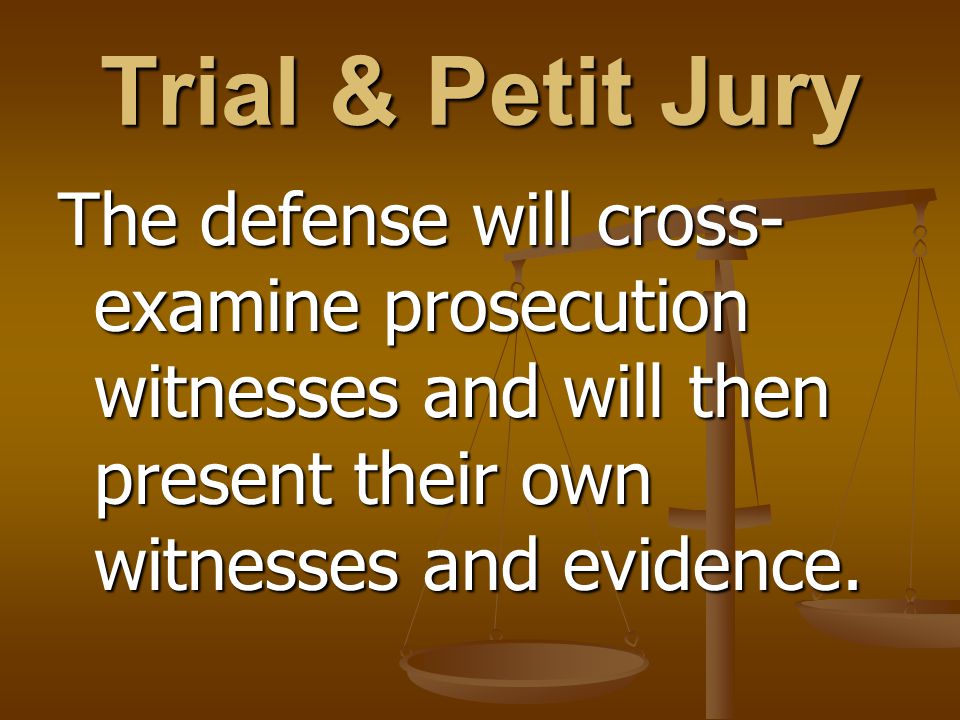 Trial & Petit Jury The defense will cross- examine prosecution witnesses and will then present their own witnesses and evidence.