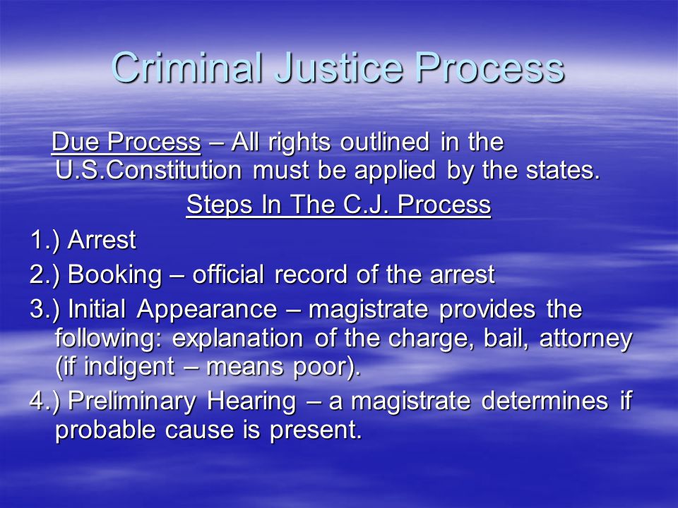 Criminal Justice Process Due Process – All rights outlined in the U.S.Constitution must be applied by the states.