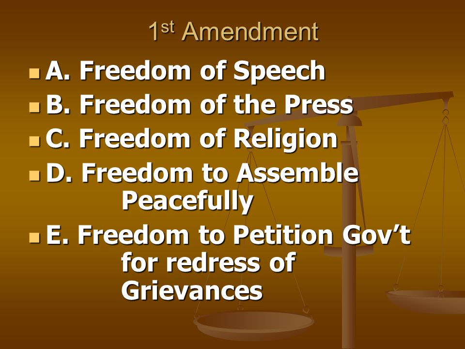 1 st Amendment A. Freedom of Speech A. Freedom of Speech B.