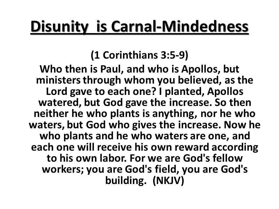 Disunity is Carnal-Mindedness (1 Corinthians 3:5-9) Who then is Paul, and who is Apollos, but ministers through whom you believed, as the Lord gave to each one.