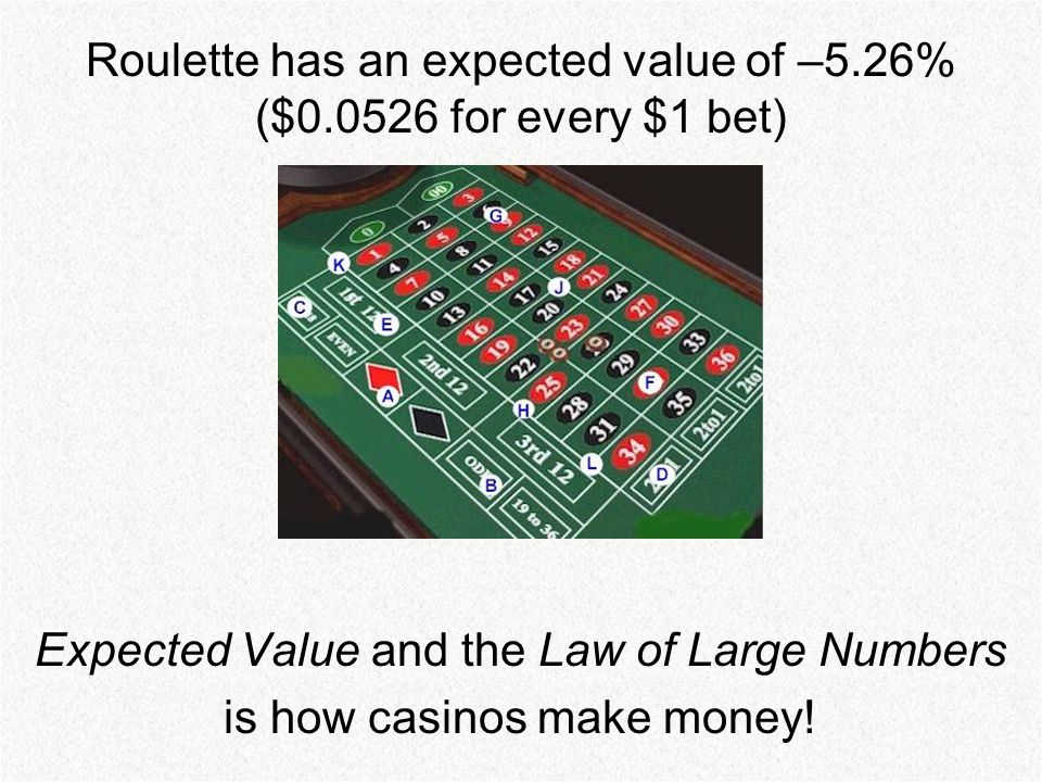 Roulette has an expected value of –5.26% ($ for every $1 bet) Expected Value and the Law of Large Numbers is how casinos make money!