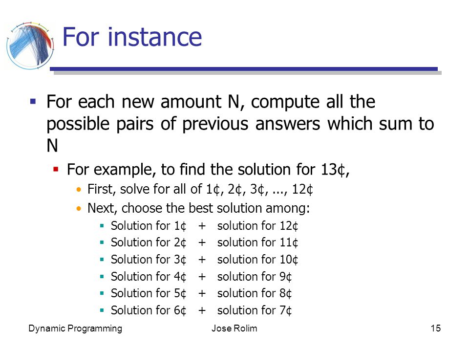 Dynamic ProgrammingJose Rolim15 For instance  For each new amount N, compute all the possible pairs of previous answers which sum to N  For example, to find the solution for 13¢, First, solve for all of 1¢, 2¢, 3¢,..., 12¢ Next, choose the best solution among:  Solution for 1¢ + solution for 12¢  Solution for 2¢ + solution for 11¢  Solution for 3¢ + solution for 10¢  Solution for 4¢ + solution for 9¢  Solution for 5¢ + solution for 8¢  Solution for 6¢ + solution for 7¢
