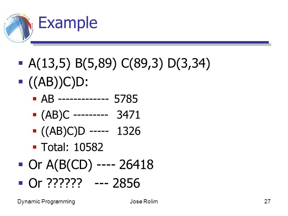 Dynamic ProgrammingJose Rolim27 Example  A(13,5) B(5,89) C(89,3) D(3,34)  ((AB))C)D:  AB  (AB)C  ((AB)C)D  Total:  Or A(B(CD)  Or .