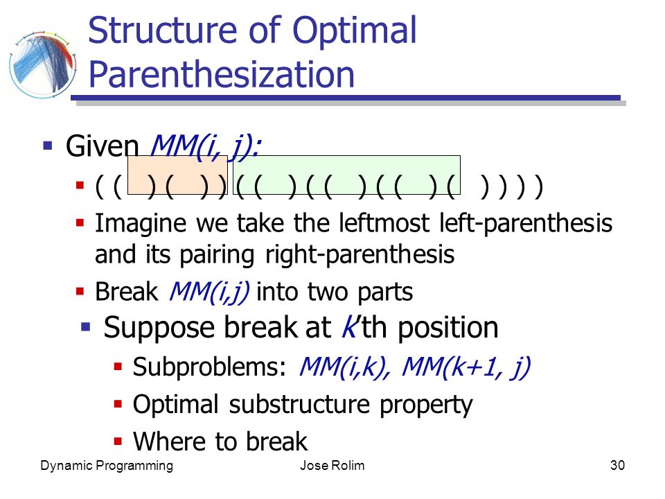 Dynamic ProgrammingJose Rolim30 Structure of Optimal Parenthesization  Given MM(i, j):  ( ( ) ( ) ) ( ( ) ( ( ) ( ( ) ( ) ) ) )  Imagine we take the leftmost left-parenthesis and its pairing right-parenthesis  Break MM(i,j) into two parts  Suppose break at k’th position  Subproblems: MM(i,k), MM(k+1, j)  Optimal substructure property  Where to break