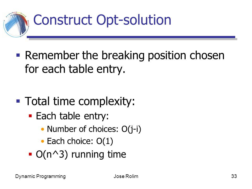 Dynamic ProgrammingJose Rolim33 Construct Opt-solution  Remember the breaking position chosen for each table entry.