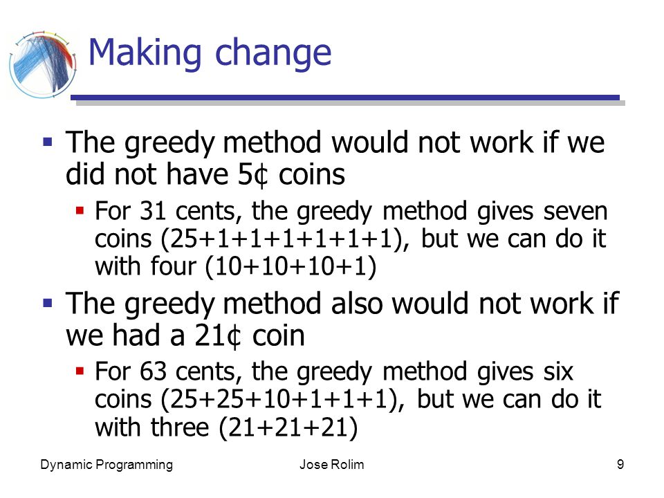 Dynamic ProgrammingJose Rolim9 Making change  The greedy method would not work if we did not have 5¢ coins  For 31 cents, the greedy method gives seven coins ( ), but we can do it with four ( )  The greedy method also would not work if we had a 21¢ coin  For 63 cents, the greedy method gives six coins ( ), but we can do it with three ( )