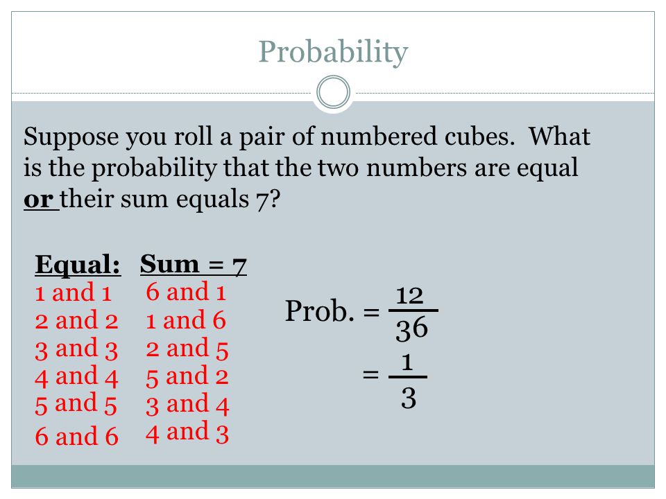 Probability Suppose you roll a pair of numbered cubes.