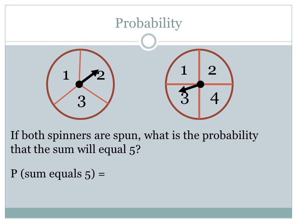 Probability If both spinners are spun, what is the probability that the sum will equal 5.