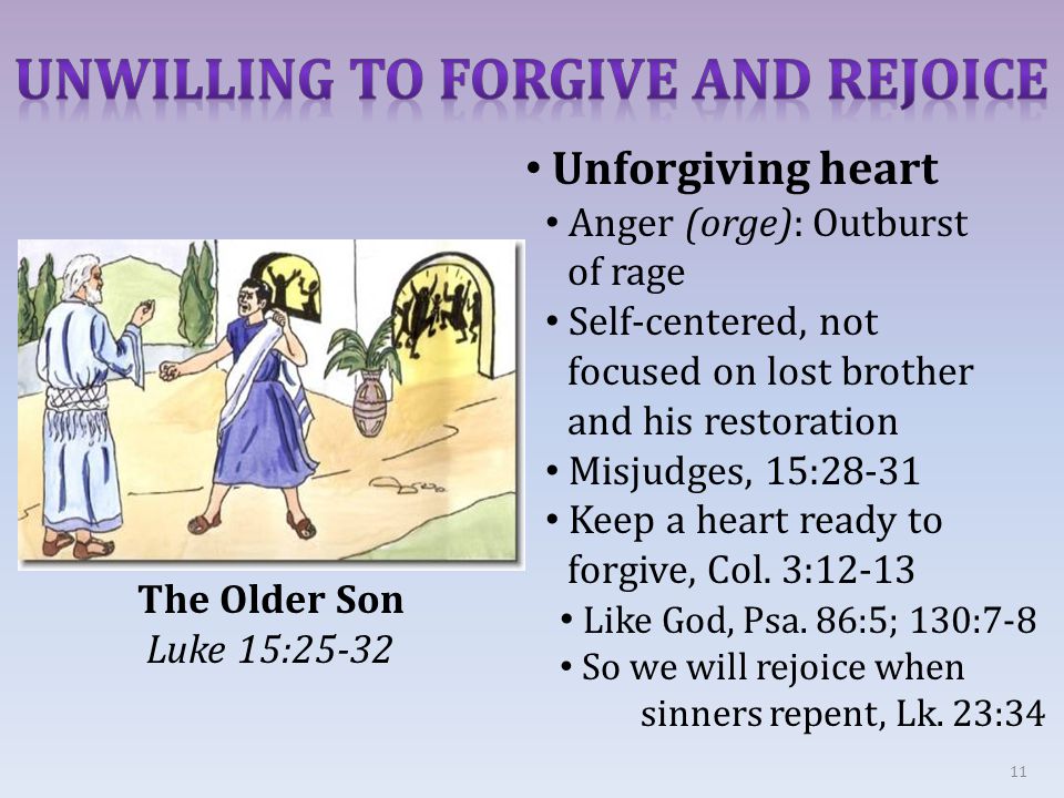 11 The Older Son Luke 15:25-32 Unforgiving heart Anger (orge): Outburst of rage Self-centered, not focused on lost brother and his restoration Misjudges, 15:28-31 Keep a heart ready to forgive, Col.