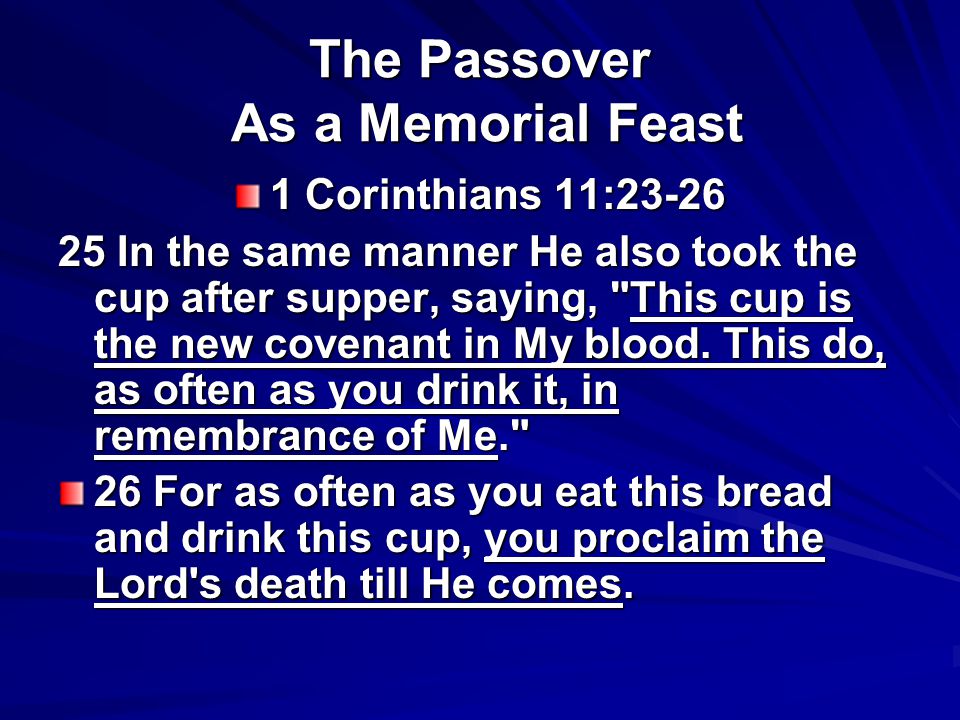 The Passover As a Memorial Feast 1 Corinthians 11: In the same manner He also took the cup after supper, saying, This cup is the new covenant in My blood.