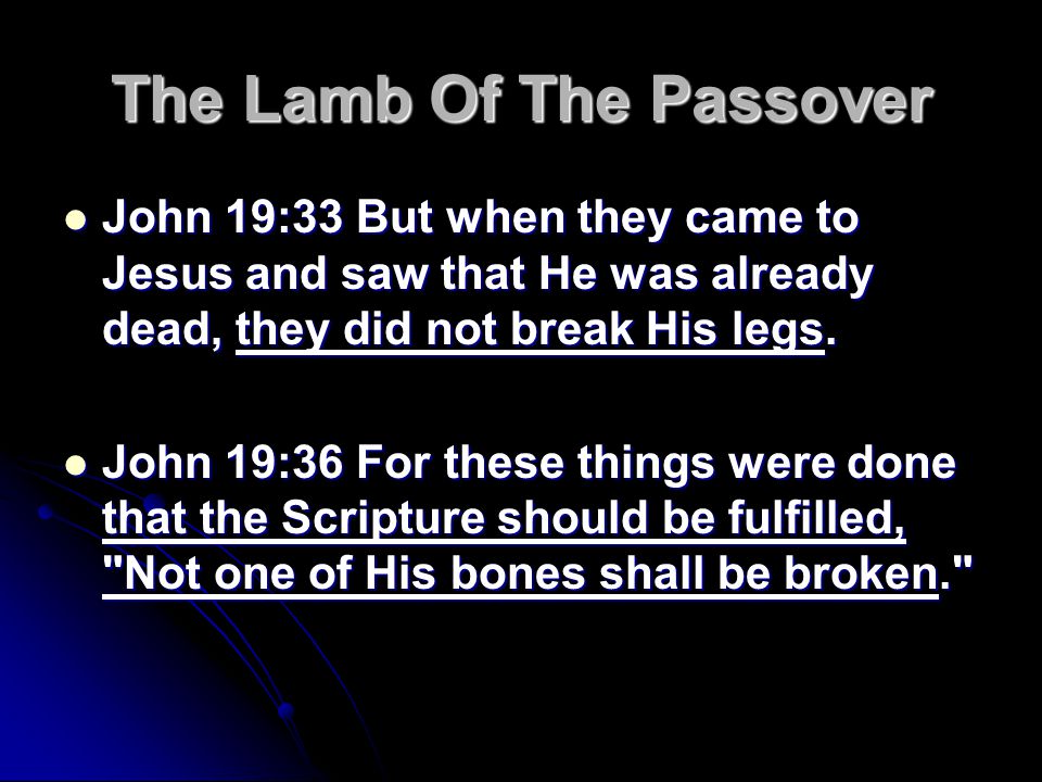 The Lamb Of The Passover John 19:33 But when they came to Jesus and saw that He was already dead, they did not break His legs.