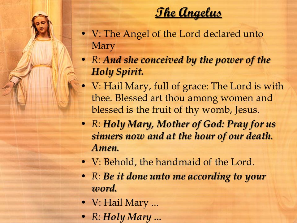 The Angelus V: The Angel of the Lord declared unto Mary And she conceived by the power of the Holy Spirit.