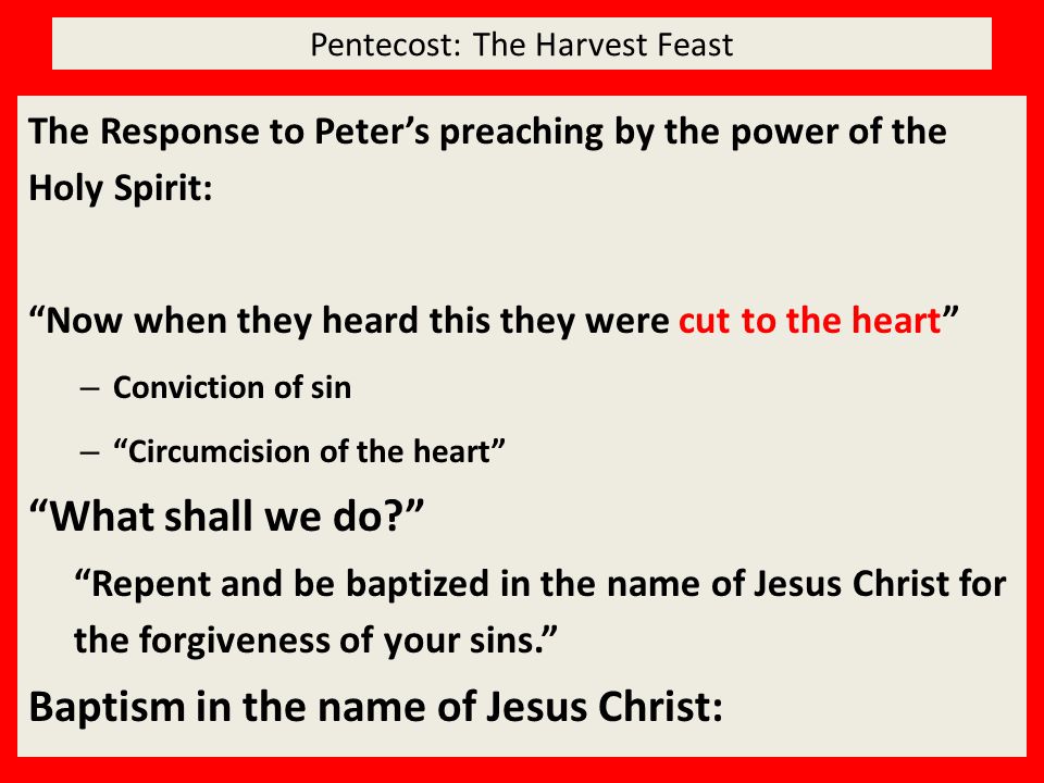 Pentecost: The Harvest Feast The Response to Peter’s preaching by the power of the Holy Spirit: Now when they heard this they were cut to the heart – Conviction of sin – Circumcision of the heart What shall we do Repent and be baptized in the name of Jesus Christ for the forgiveness of your sins. Baptism in the name of Jesus Christ: