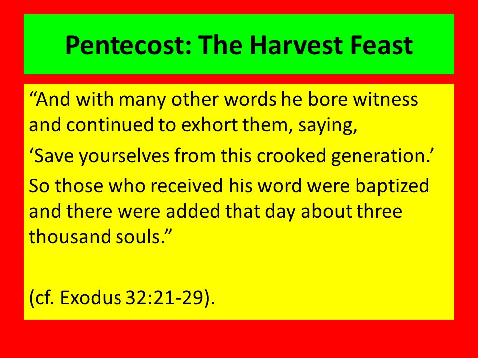 Pentecost: The Harvest Feast And with many other words he bore witness and continued to exhort them, saying, ‘Save yourselves from this crooked generation.’ So those who received his word were baptized and there were added that day about three thousand souls. (cf.