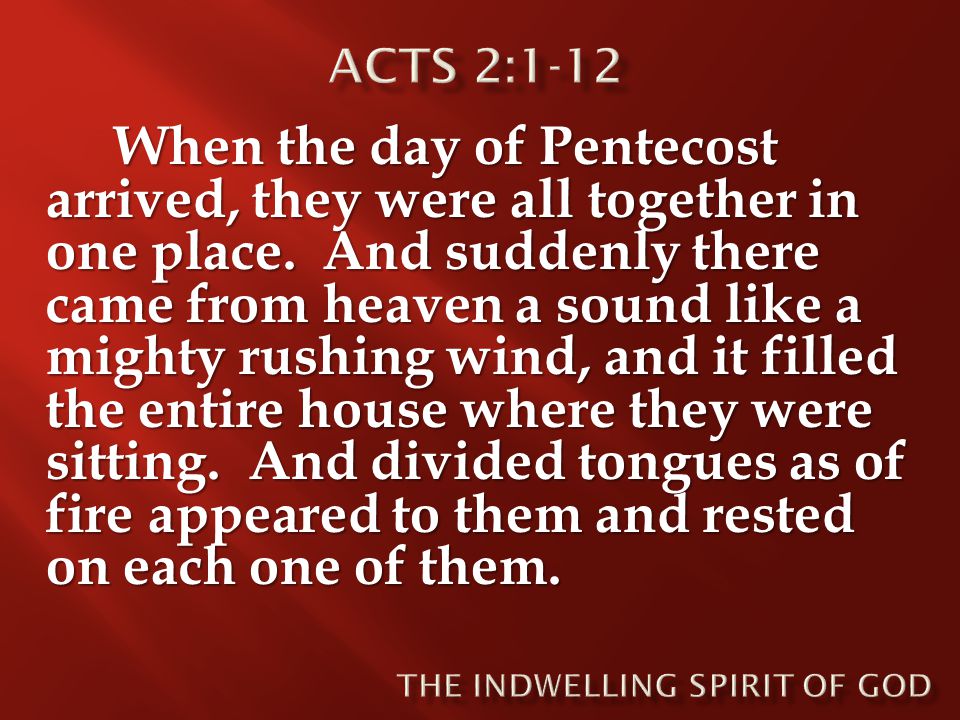 Acts 2:1-12. When the day of Pentecost arrived, they were all together in  one place. And suddenly there came from heaven a sound like a mighty  rushing. - ppt download