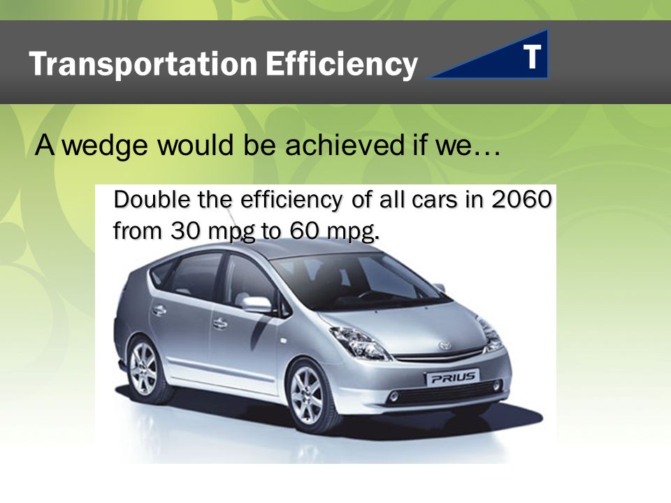 Transportation Efficiency Double the efficiency of all cars in 2060 from 30 mpg to 60 mpg.