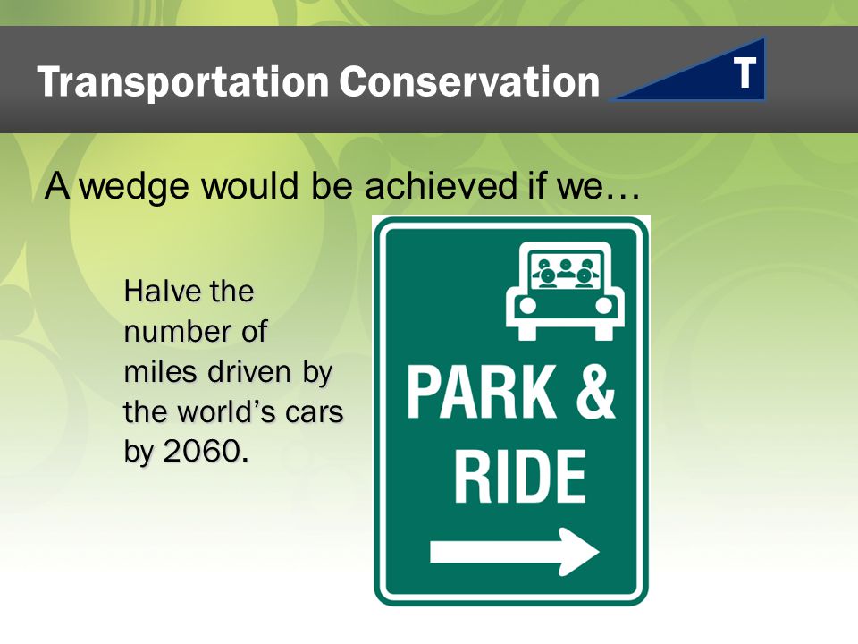 Transportation Conservation Halve the number of miles driven by the world’s cars by 2060.