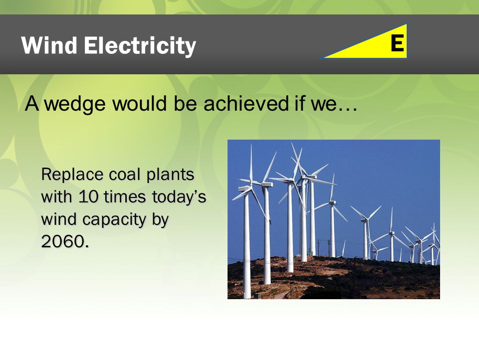 Wind Electricity Replace coal plants with 10 times today’s wind capacity by 2060.