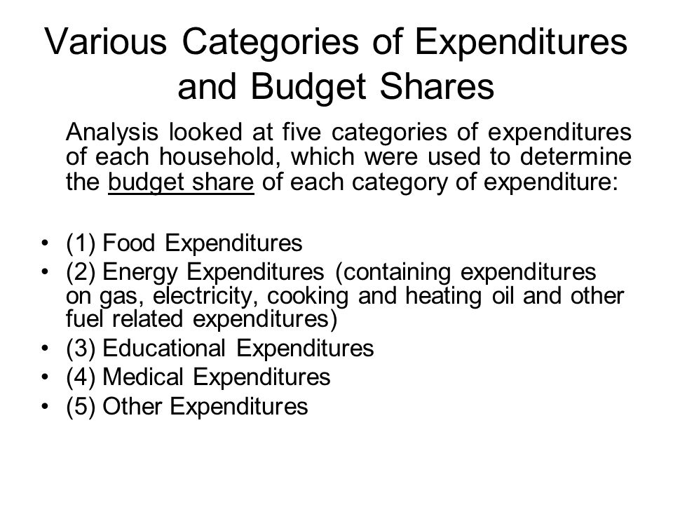 Various Categories of Expenditures and Budget Shares Analysis looked at five categories of expenditures of each household, which were used to determine the budget share of each category of expenditure: (1) Food Expenditures (2) Energy Expenditures (containing expenditures on gas, electricity, cooking and heating oil and other fuel related expenditures) (3) Educational Expenditures (4) Medical Expenditures (5) Other Expenditures