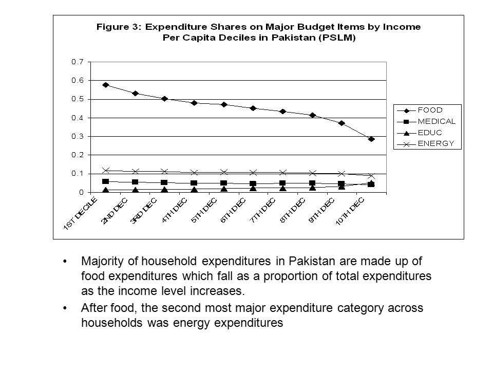 Majority of household expenditures in Pakistan are made up of food expenditures which fall as a proportion of total expenditures as the income level increases.