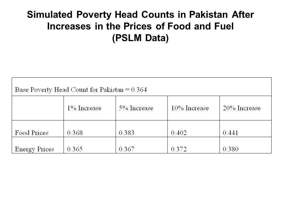 Simulated Poverty Head Counts in Pakistan After Increases in the Prices of Food and Fuel (PSLM Data)