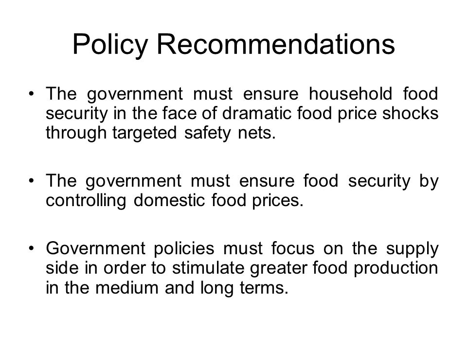 Policy Recommendations The government must ensure household food security in the face of dramatic food price shocks through targeted safety nets.