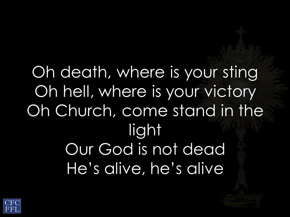 Oh death, where is your sting Oh hell, where is your victory Oh Church, come stand in the light Our God is not dead He’s alive, he’s alive
